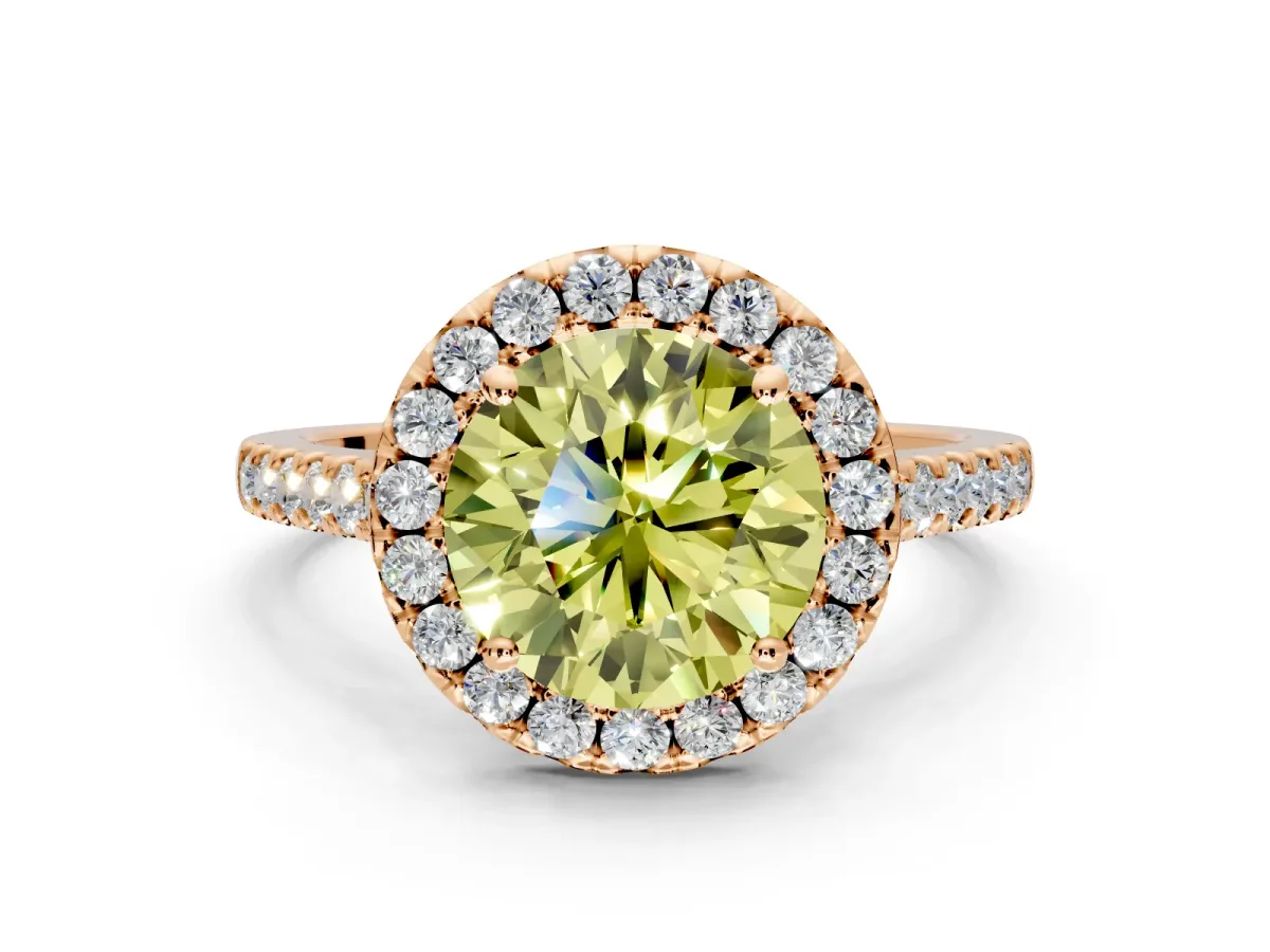 Halo Engagement Ring Setting for Fancy Yellow Round Cut Center with Narrowing Pave Band and Prong Head in Rose Gold
