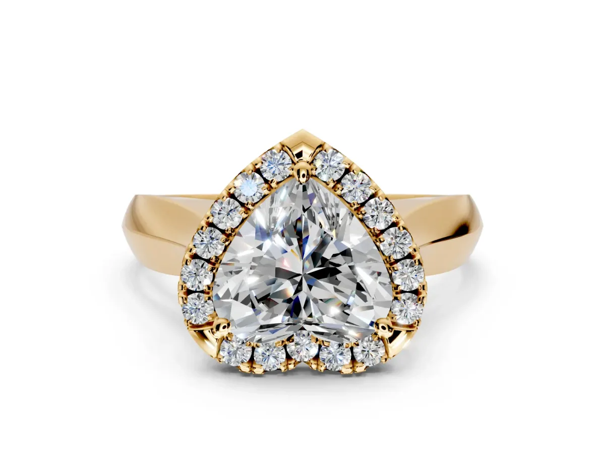 Halo Engagement Ring Setting for Heart-Shaped Center with Square Band and Prong Head in Yellow Gold