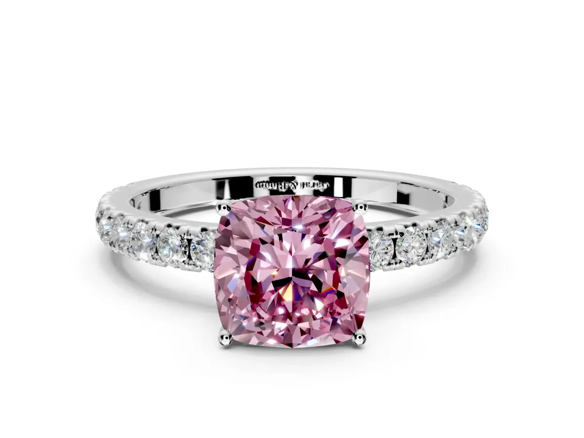 Solitaire Engagement Ring Setting for Fancy Pink Cushion Cut Center with Large Accent Band and Prong Head in Sterling Silver