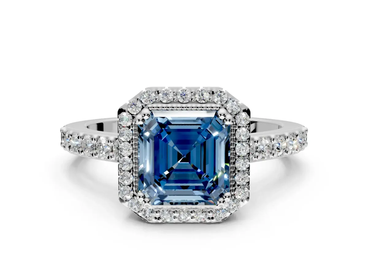 Halo Engagement Ring Setting for Fancy Blue Asscher Cut Center with Inner Milgrain Border and Prong Head in Platinum