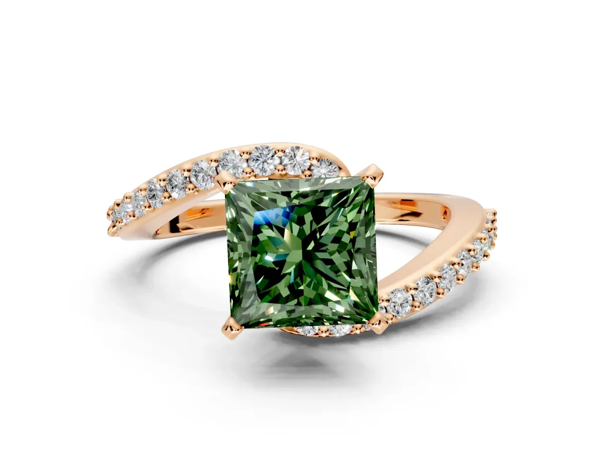 Solitaire Engagement Ring Setting for Fancy Green Princess Cut Center with Pave Bypass Swirl Band and Prong Head in Rose Gold