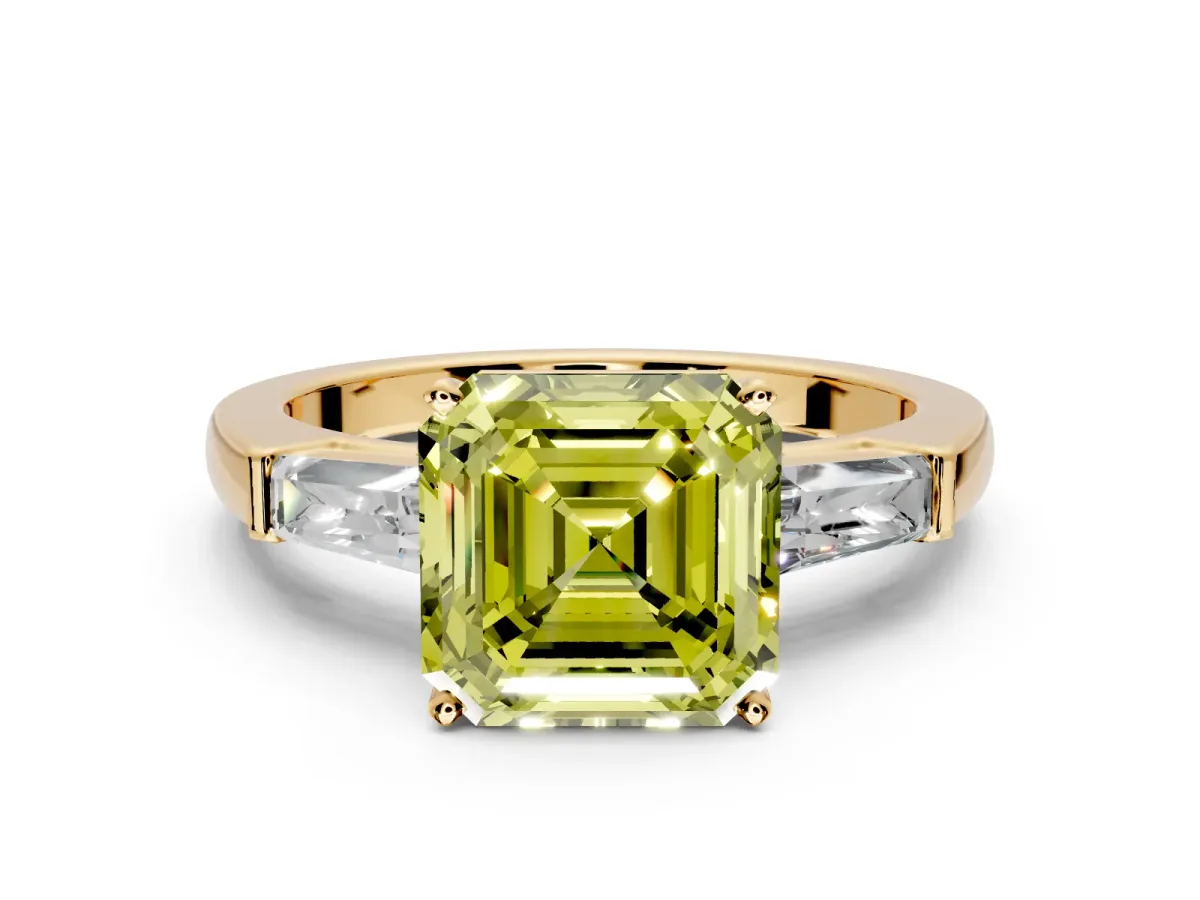 3 Stone Engagement Ring Setting for Fancy Yellow Asscher Cut Center with Tapered Baguettes, Plain Band and Prong Head in Yellow Gold