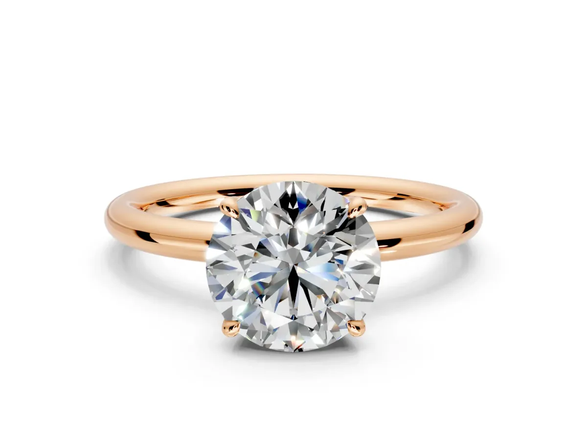 Hidden Halo Engagement Ring Setting for Round Cut Center with Thin Rounded Band and Prong Head in Rose Gold