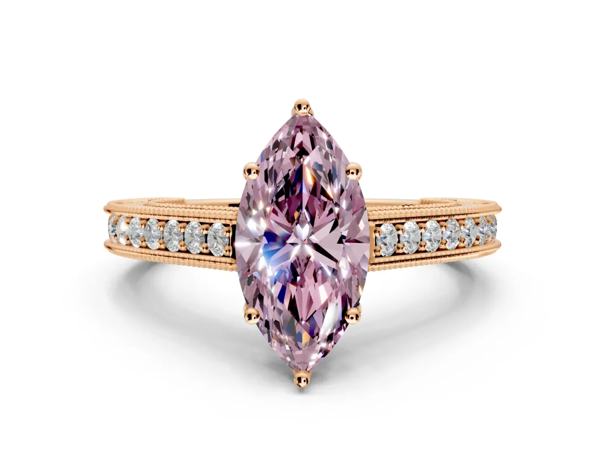 Solitaire Engagement Ring Setting for Fancy Pink Marquise Center with Engraved Pave Band and Prong Head in Rose Gold