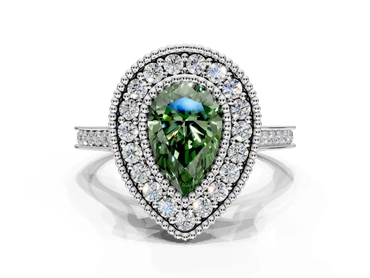 Halo Engagement Ring Setting for Fancy Green Pear-Shaped Center with Milgrain Frame, Pave Band and Prong Head in Sterling Silver