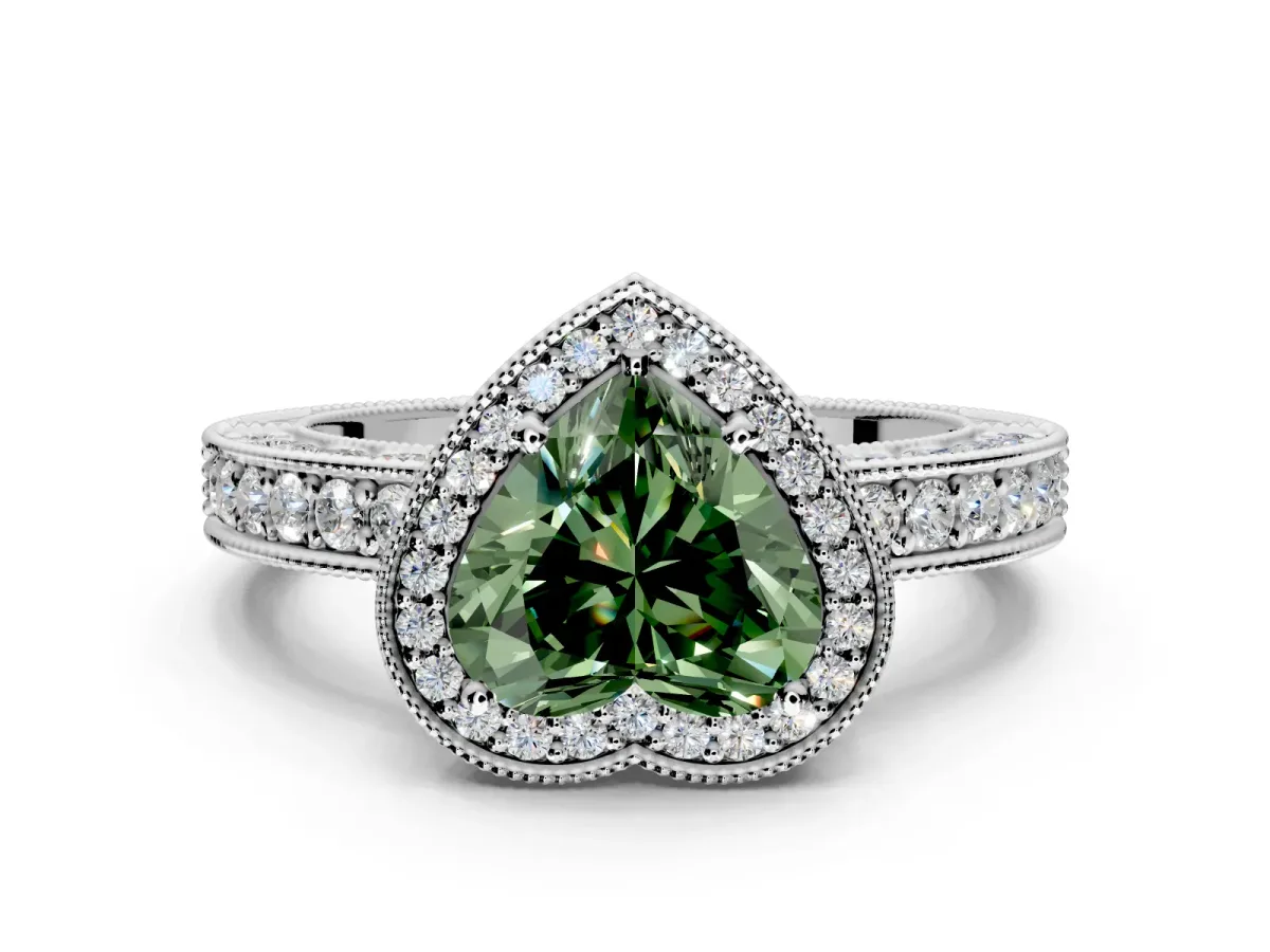 Milgrain Halo Engagement Ring Setting for Fancy Green Heart-Shaped Center with Wide Pave Band and Prong Head in Platinum