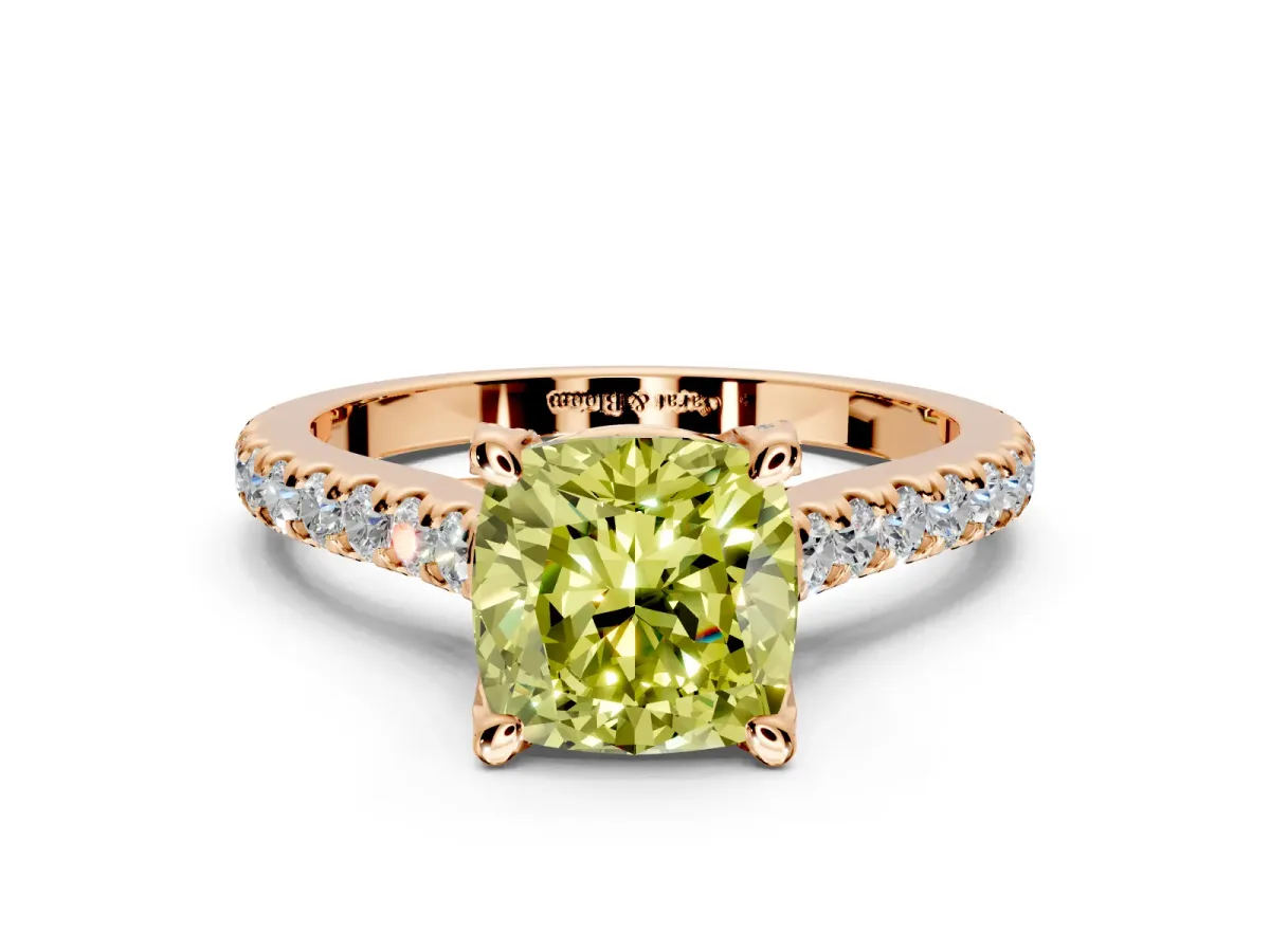 Solitaire Engagement Ring Setting for Fancy Yellow Cushion Cut Center with Widening Pave Band and Claw Prong Head in Rose Gold