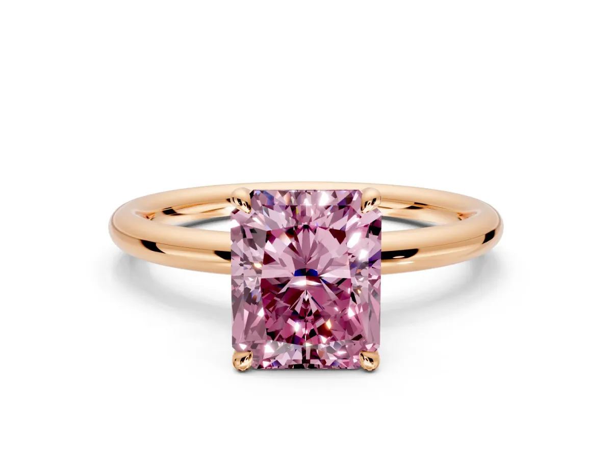 Hidden Halo Engagement Ring Setting for Fancy Pink Radiant Cut Center with Thin Rounded Band and Prong Head in Rose Gold