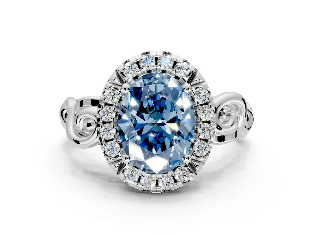 Halo Engagement Ring Setting for Fancy Blue Oval Center with Open Scroll Shoulders and Prong Head in Platinum