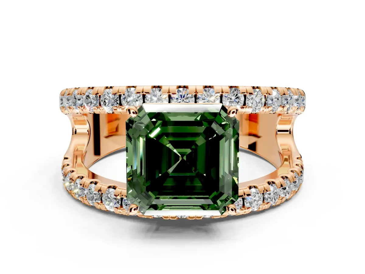 Solitaire Engagement Ring Setting for Fancy Green Asscher Cut Center with Wide-Open Split Shank and Prong Head in Rose Gold