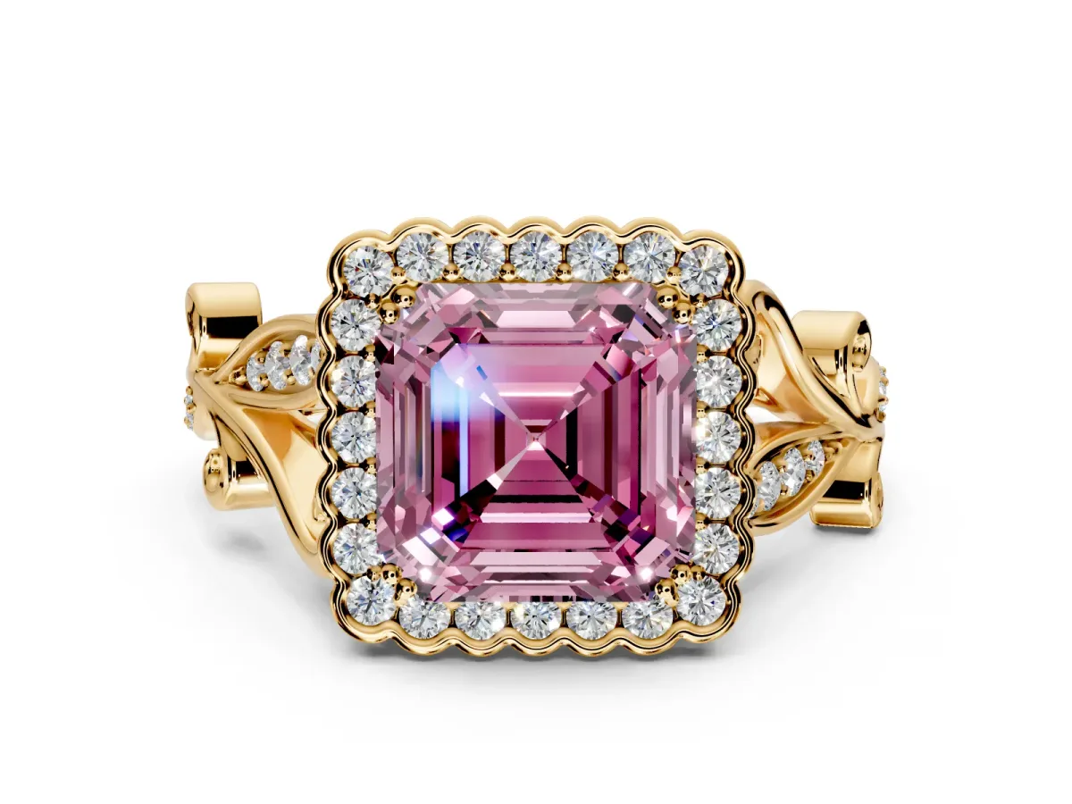 Halo Engagement Ring Setting for Fancy Pink Asscher Cut Center with Leaf Motif Split Shank and Prong Head in Yellow Gold