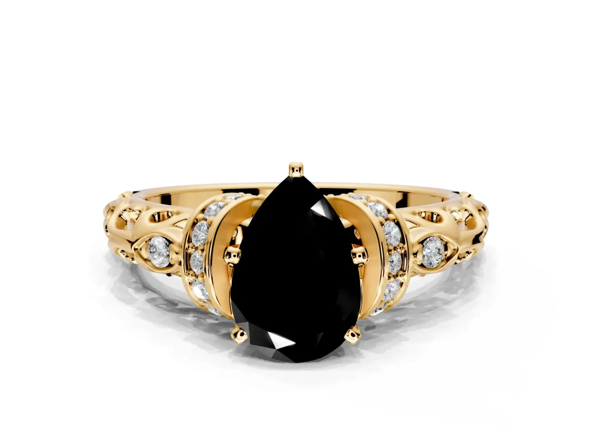 Solitaire Engagement Ring Setting for Fancy Black Pear-Shaped Center with Filigree Band and Prong Head in Yellow Gold