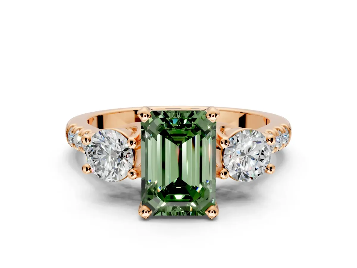 3 Stone Engagement Ring Setting for Fancy Green Emerald Cut Center with Crossover Basket, Pave Band and Prong Head in Rose Gold
