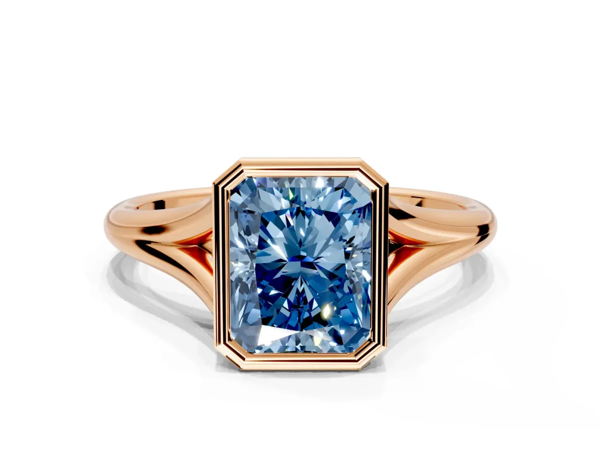 Solitaire Engagement Ring Setting for Fancy Blue Radiant Cut Center with V Split Shank and Bezel Head in Rose Gold
