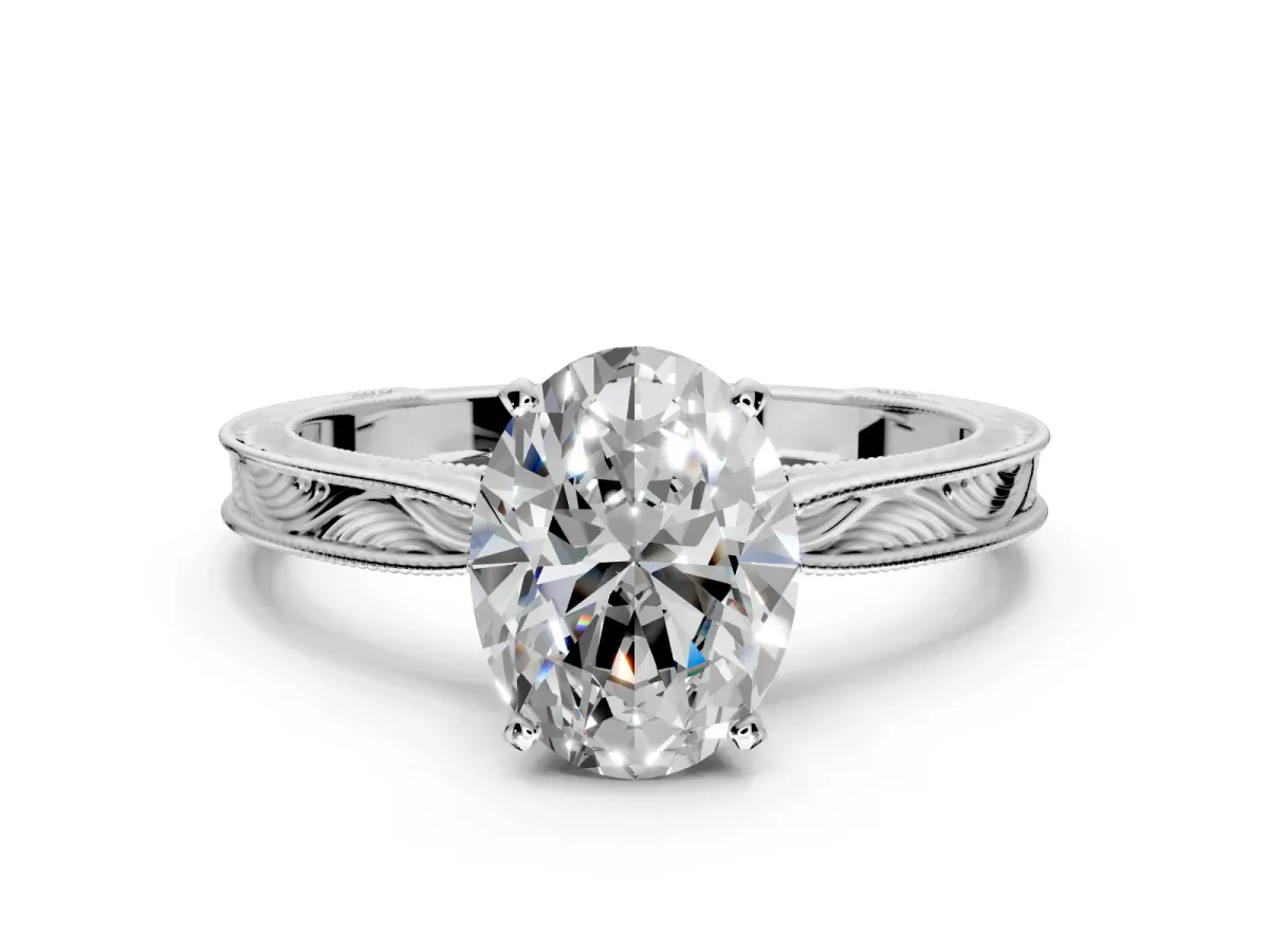 Solitaire Engagement Ring Setting for Oval Center with Engraved Milgrain Band and Prong Head in Platinum