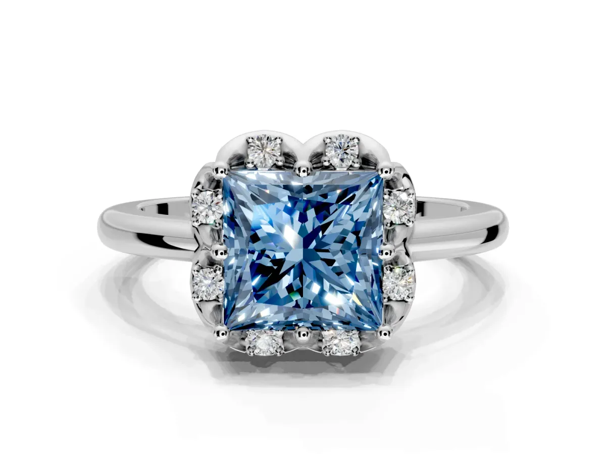 Floral Frame Engagement Ring Setting for Fancy Blue Princess Cut Center with Accent Clusters and Prong Head in White Gold