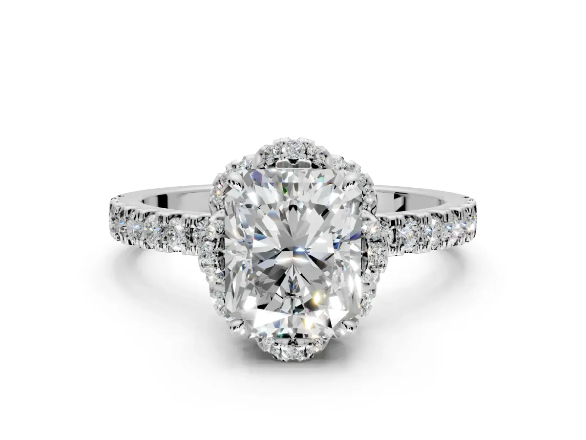 Halo Engagement Ring Setting for Radiant Cut Center with Openwork Halo, Pave Band and Prong Head in Sterling Silver