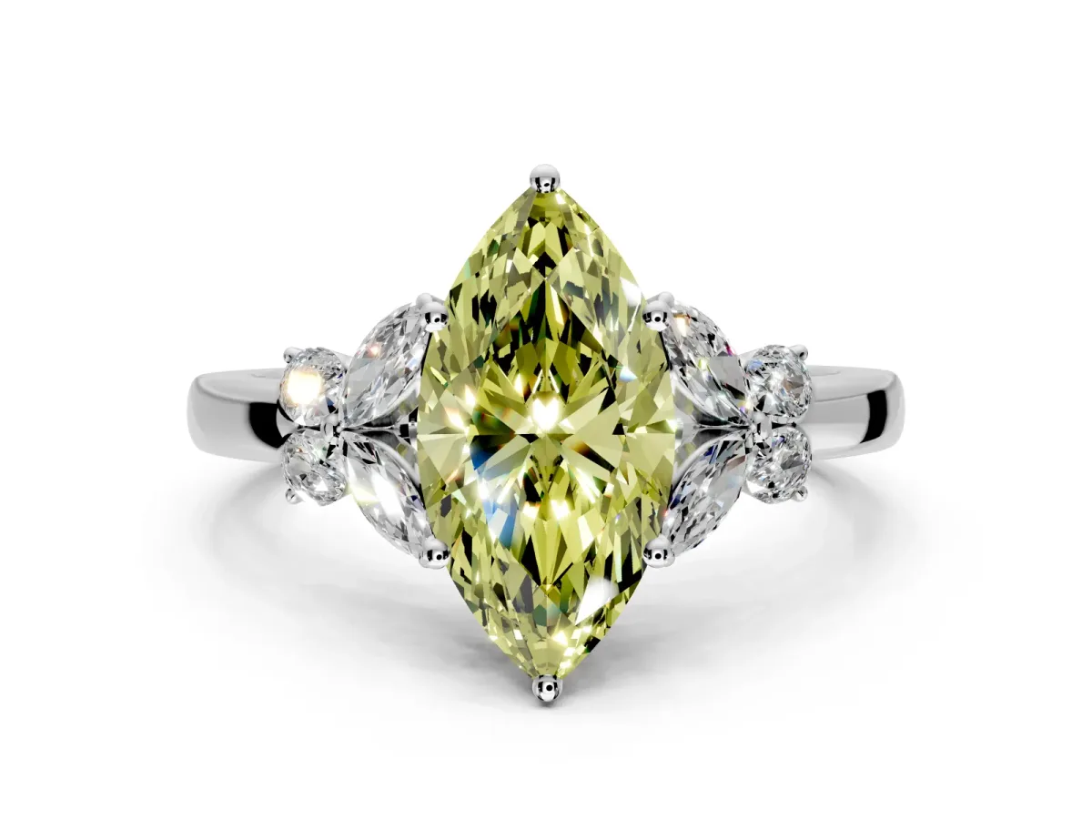 Solitaire Engagement Ring Setting for Fancy Yellow Marquise Center with Marquise Flower Shoulders and Prong Head in White Gold