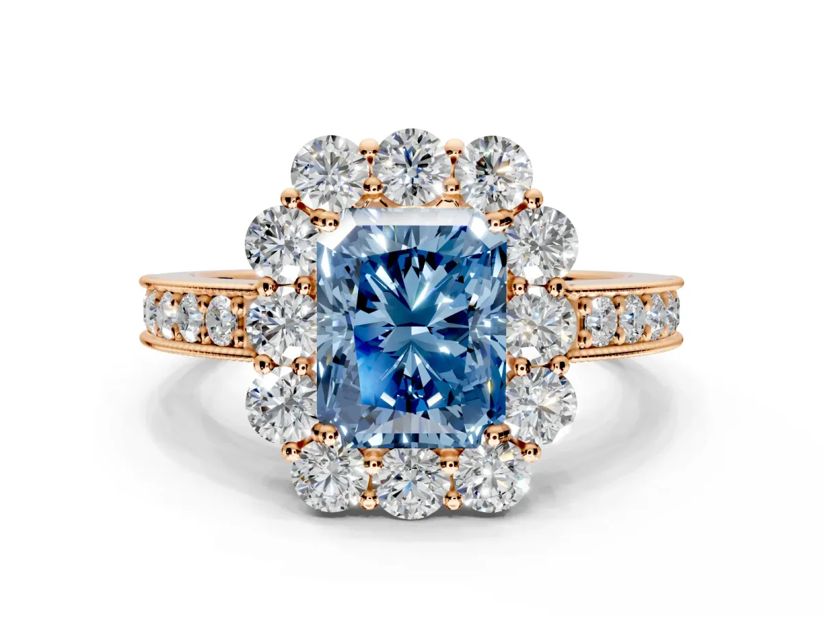 Halo Engagement Ring Setting for Fancy Blue Radiant Cut Center with Milgrain Channel Band and Prong Head in Rose Gold