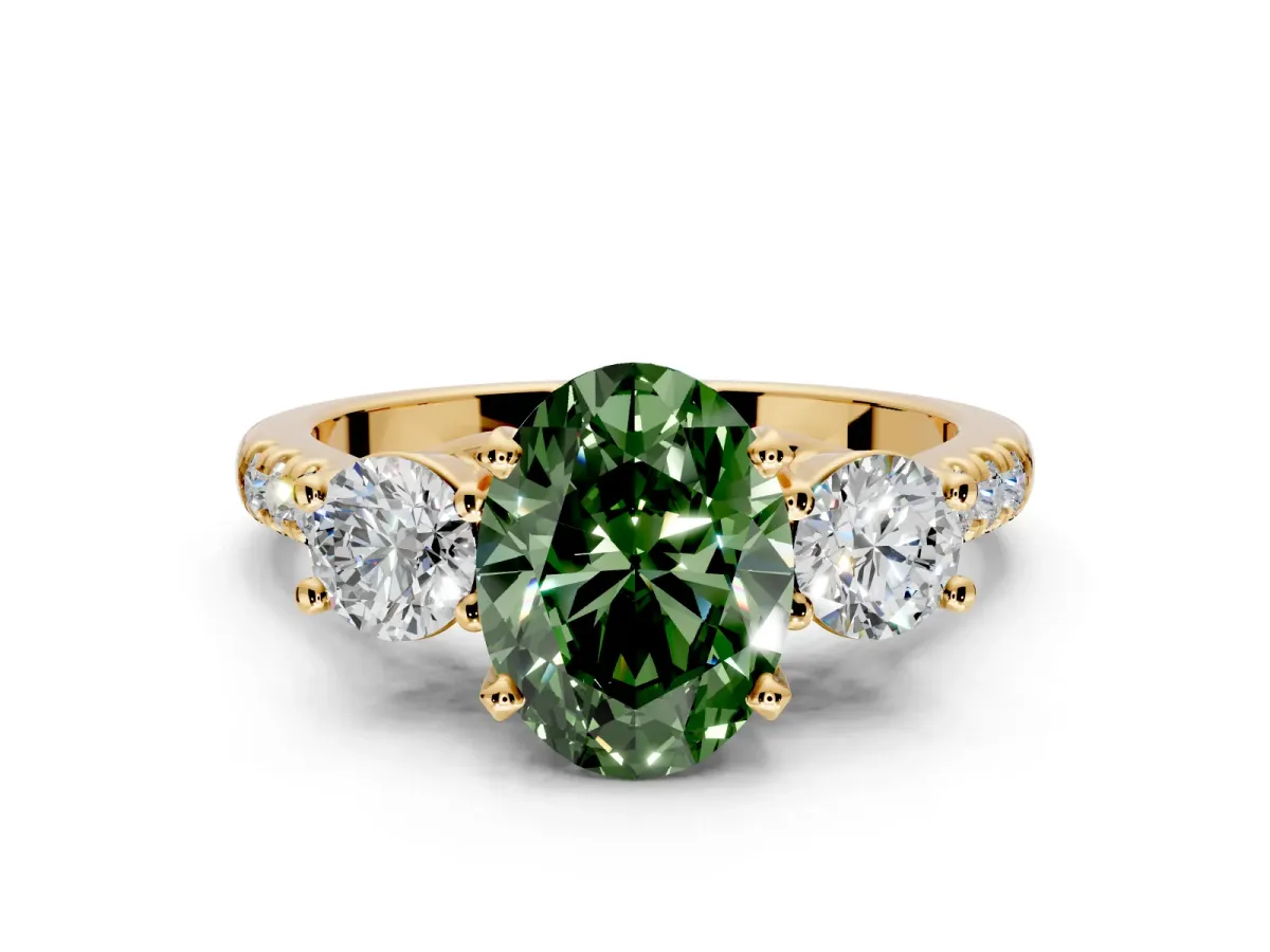 3 Stone Engagement Ring Setting for Fancy Green Oval Center with Crossover Basket, Pave Band and Prong Head in Yellow Gold