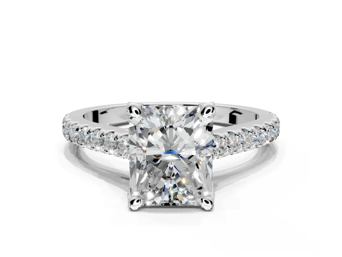 Solitaire Engagement Ring Setting for Radiant Cut Center with Widening Pave Band and Claw Prong Head in White Gold