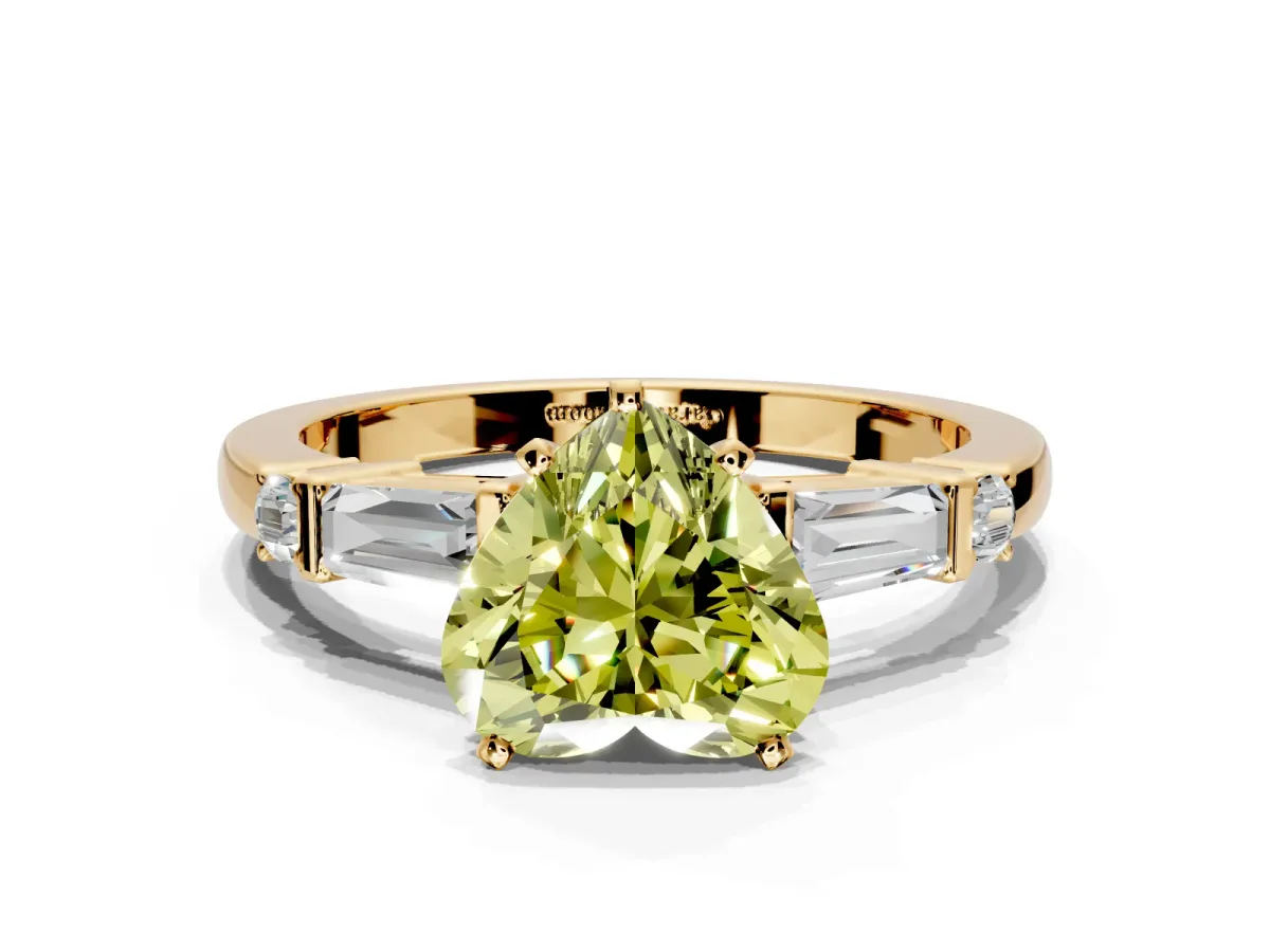 Bar-Set Engagement Ring Setting for Fancy Yellow Heart-Shaped Center with Tapered Baguette Accents and Prong Head in Yellow Gold