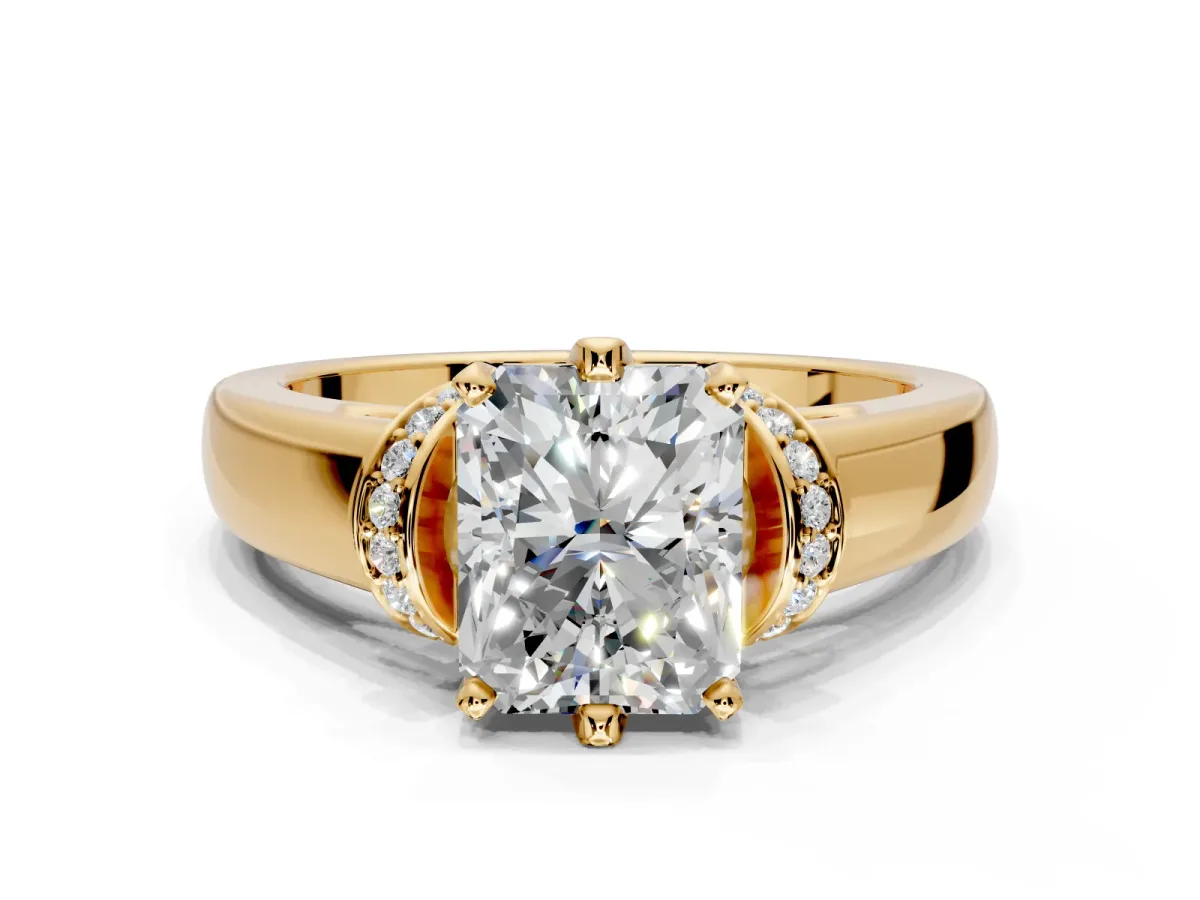 Solitaire Engagement Ring Setting for Radiant Cut Center with Wide Band, Pave Collar and Prong Head in Yellow Gold