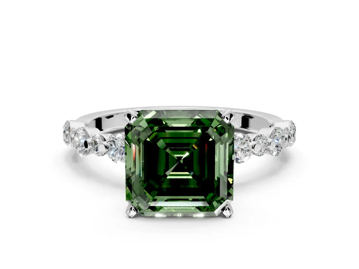 Solitaire Engagement Ring Setting for Fancy Green Asscher Cut Center with Alternating Size Accents and Prong Head in Platinum