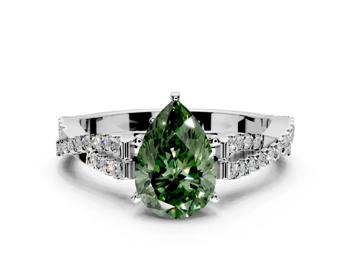 Solitaire Engagement Ring Setting for Fancy Green Pear-Shaped Center with Twisted Pave Split Shank and Prong Head in Sterling Silver
