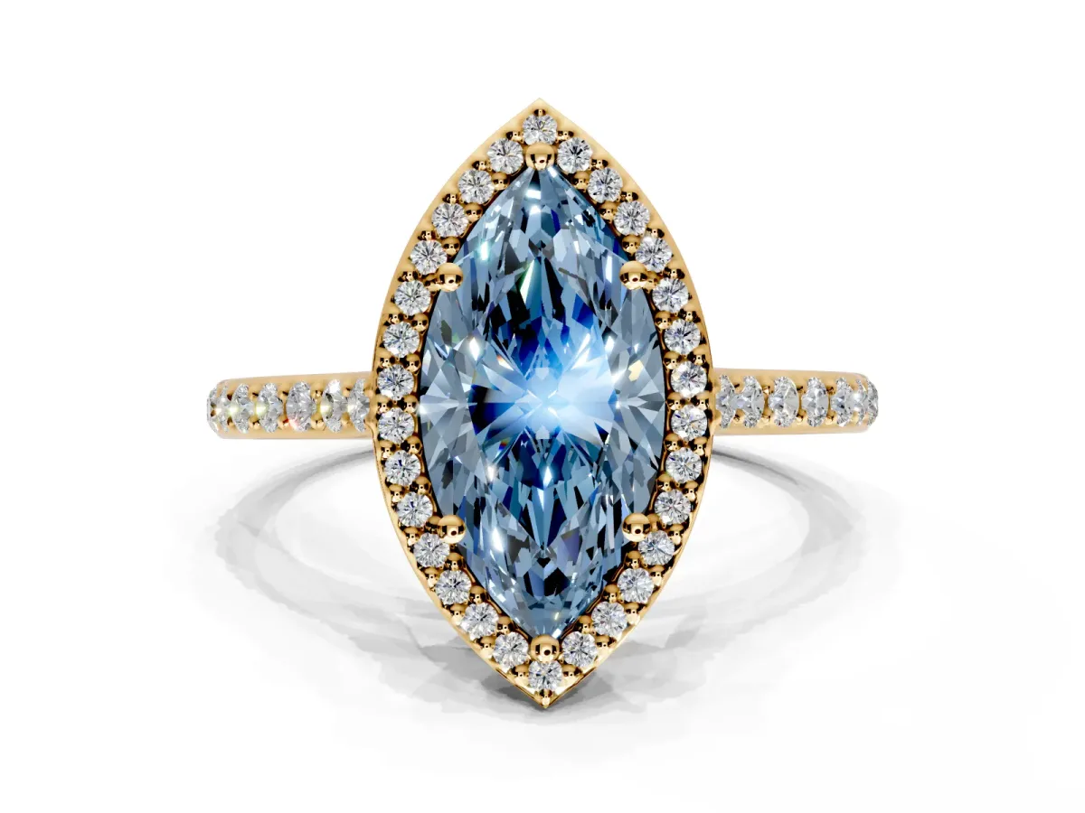Halo Engagement Ring Setting for Fancy Blue Marquise Center with Pave Accents, Heart Basket and Prong Head in Yellow Gold