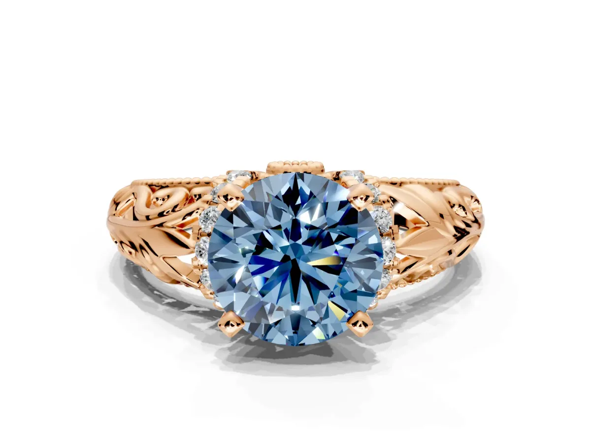 Solitaire Engagement Ring Setting for Fancy Blue Round Cut Center with Filigree Accent Basket and Prong Head in Rose Gold