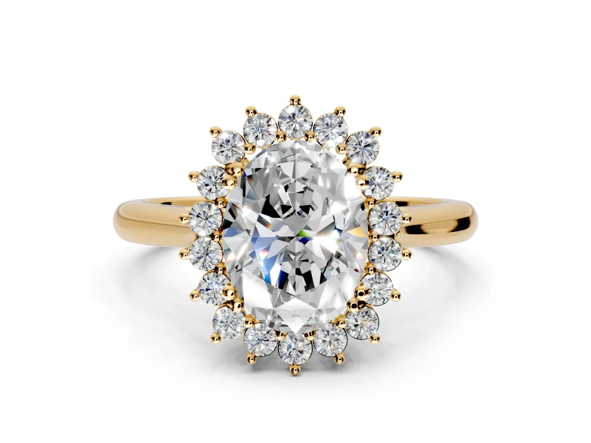 Starburst Halo Engagement Ring Setting for Oval Center with Thin Round-Wire Band and Prong Head in Yellow Gold