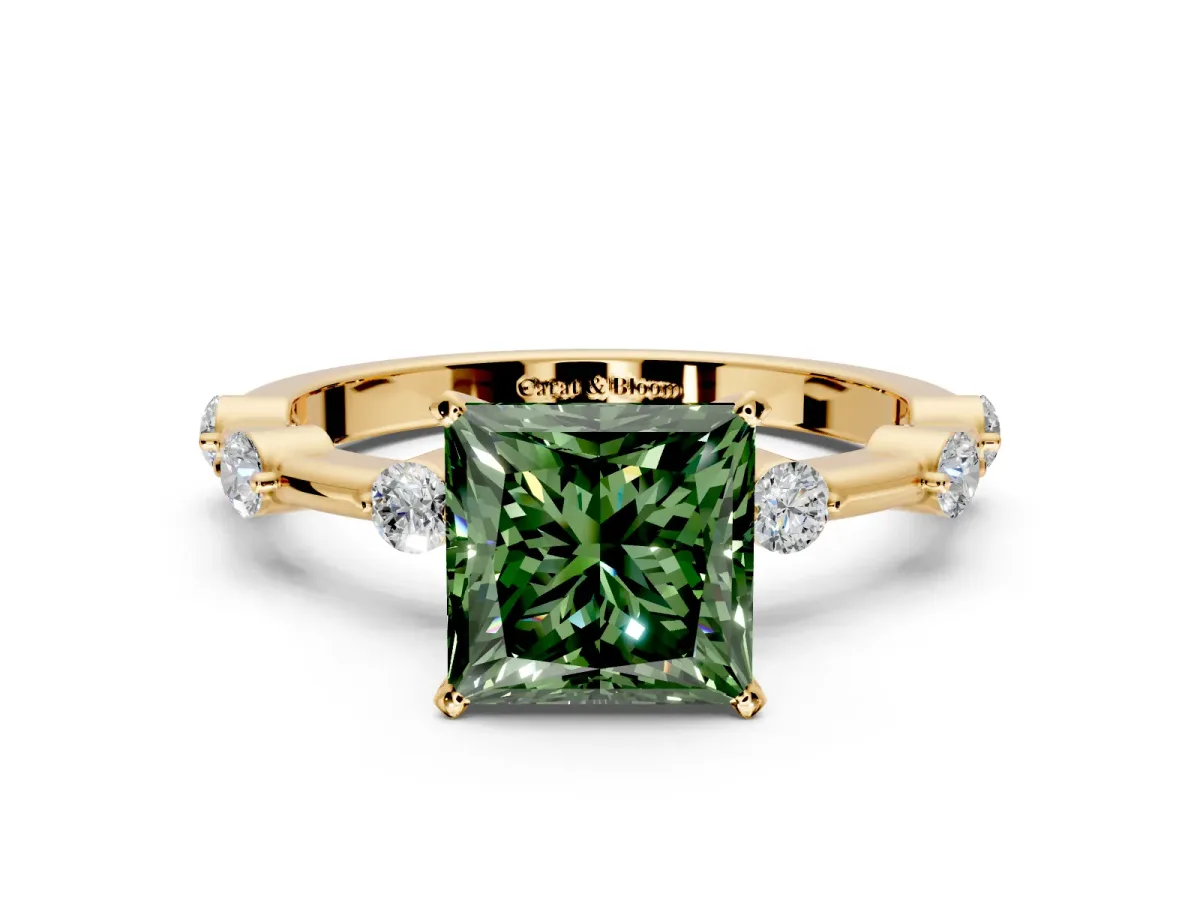 Solitaire Engagement Ring Setting for Fancy Green Princess Cut Center with Bezel Station Band and Prong Head in Yellow Gold
