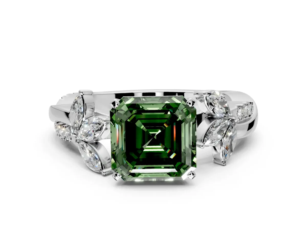 Floral Engagement Ring Setting for Fancy Green Asscher Cut Center with Trailing Marquise Accents and Prong Head in Sterling Silver