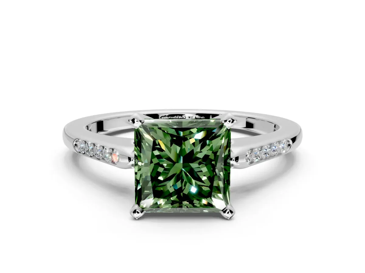 Solitaire Engagement Ring Setting for Fancy Green Princess Cut Center with Channel Accents and Prong Head in White Gold