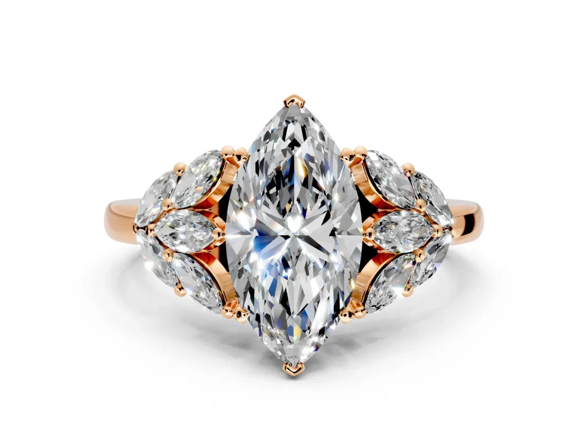 Leaf Cluster Engagement Ring Setting for Marquise Center with Marquise Accents and Prong Head in Rose Gold