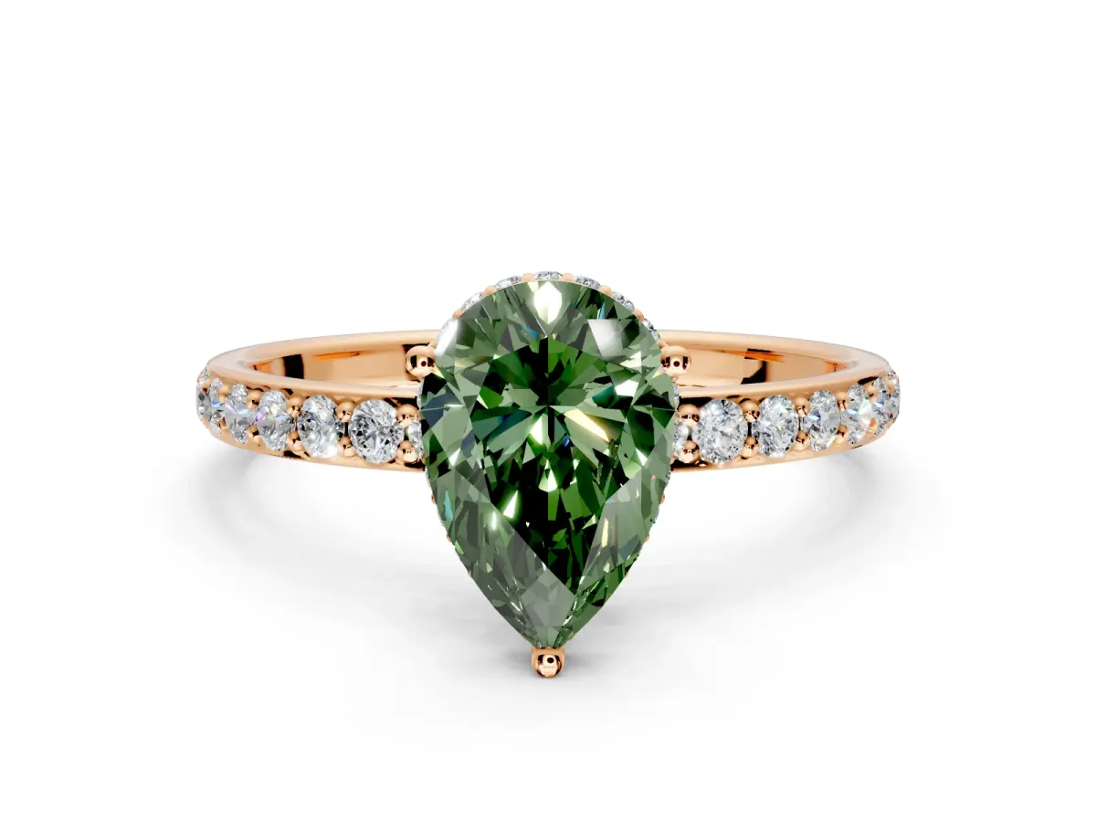 Hidden Halo Engagement Ring Setting for Fancy Green Pear-Shaped Center with Pave Band and Prong Head in Rose Gold