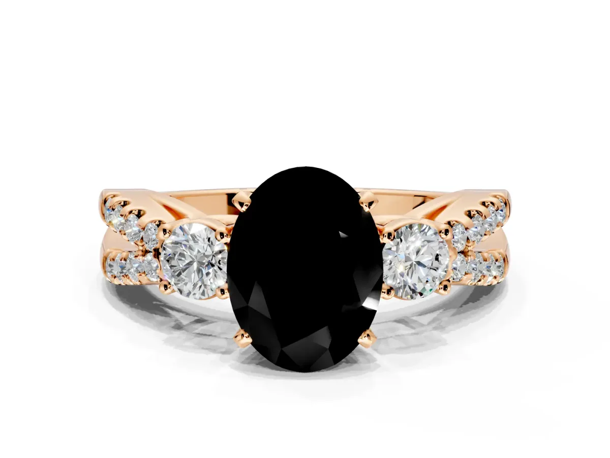 3 Stone Engagement Ring Setting for Fancy Black Oval Center with Pave Split Shank and Prong Head in Rose Gold