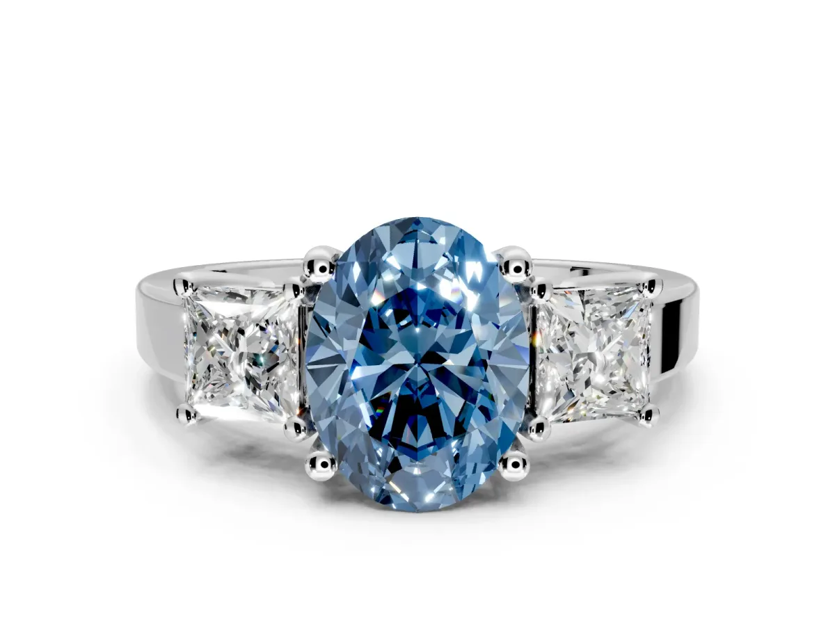 3 Stone Engagement Ring Setting for Fancy Blue Oval Center with Matching Side Accents and Prong Head in Platinum