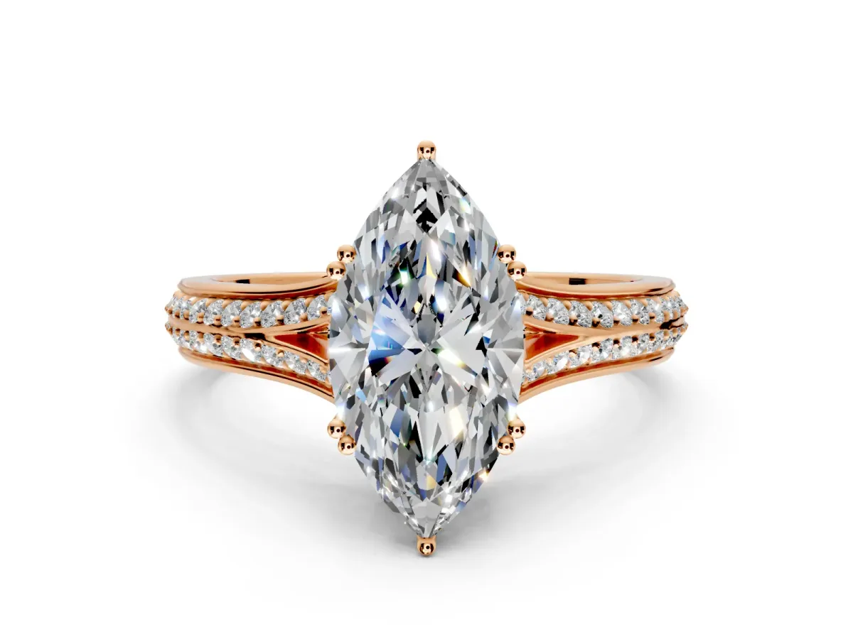 Solitaire Engagement Ring Setting for Marquise Center with Pave Rail Split Shank and Prong Head in Rose Gold