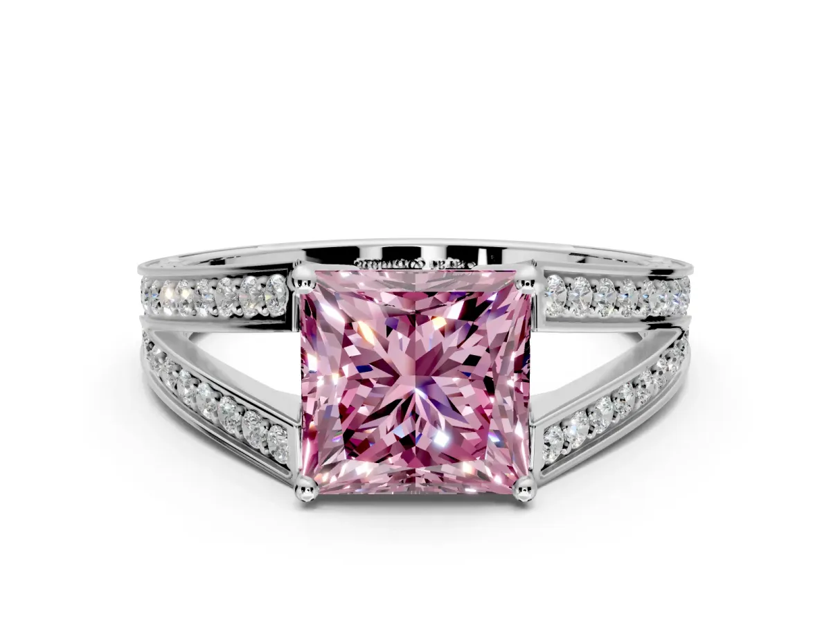 Split Shank Engagement Ring Setting for Fancy Pink Princess Cut Center with Pave Split Shank and Prong Head in Sterling Silver