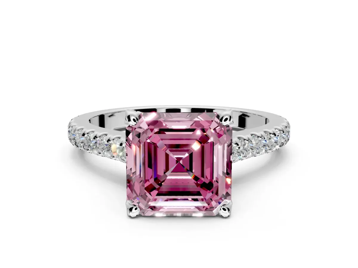 Solitaire Engagement Ring Setting for Fancy Pink Asscher Cut Center with Widening Pave Band and Claw Prong Head in White Gold
