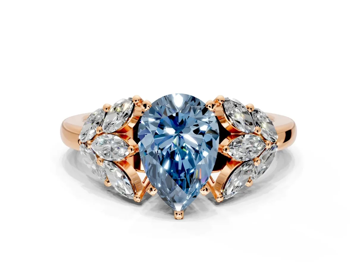 Leaf Cluster Engagement Ring Setting for Fancy Blue Pear-Shaped Center with Marquise Accents and Prong Head in Rose Gold