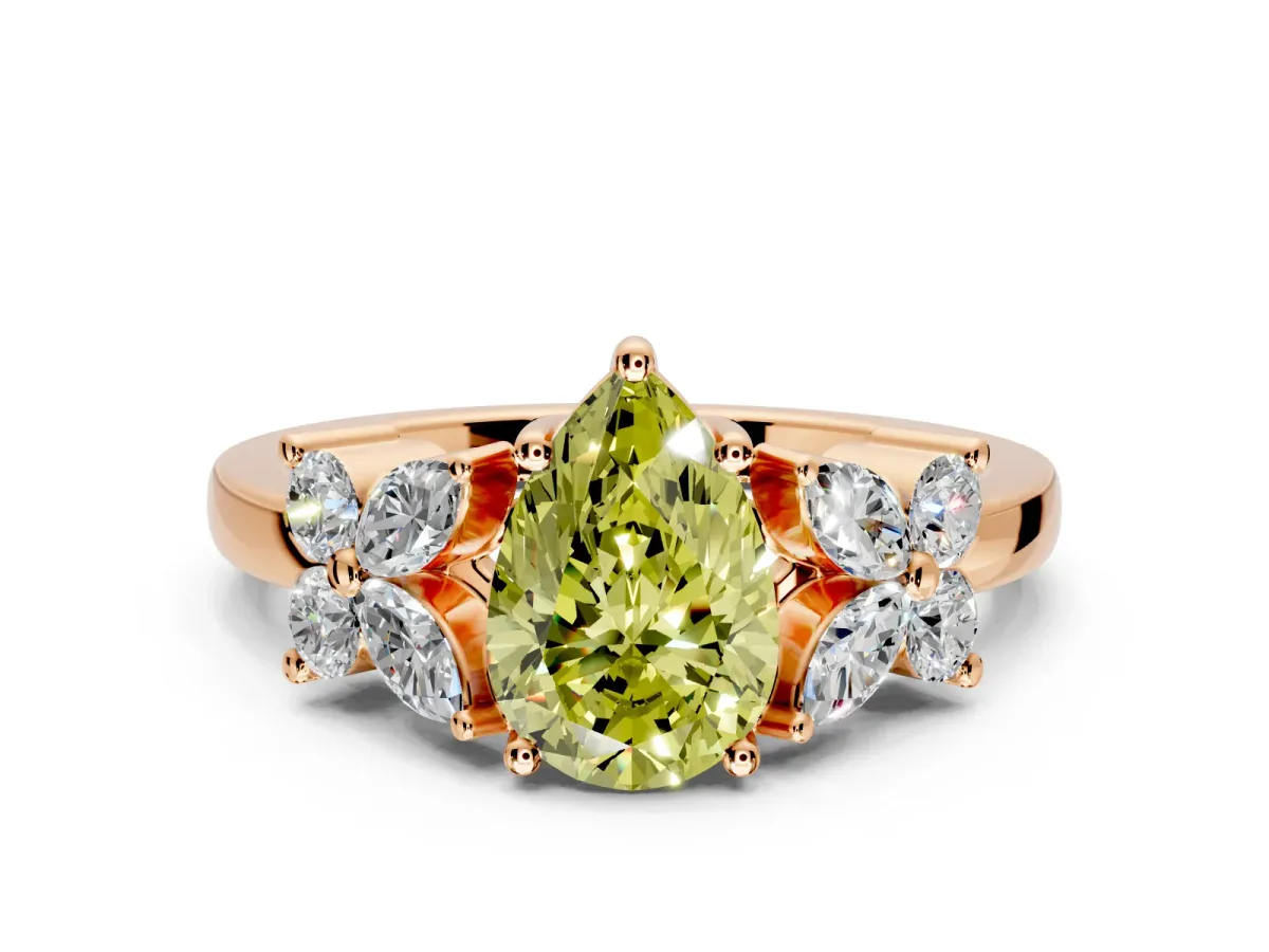 Floral Engagement Ring Setting for Fancy Yellow Pear-Shaped Center with Marquise Cluster Shoulders and Prong Head in Rose Gold