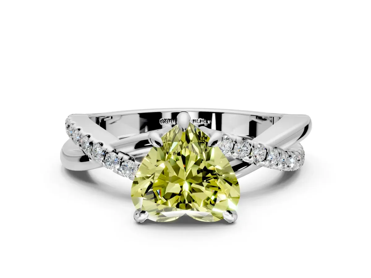 Solitaire Engagement Ring Setting for Fancy Yellow Heart-Shaped Center with Half-Pave Crossover Band and Prong Head in Sterling Silver