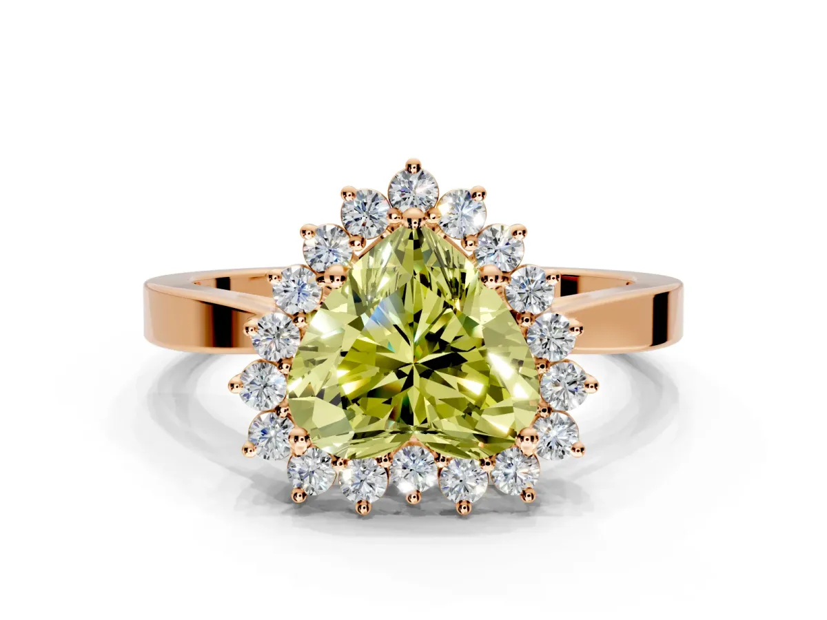 Starburst Halo Engagement Ring Setting for Fancy Yellow Heart-Shaped Center with Flat Cathedral Band and Prong Head in Rose Gold