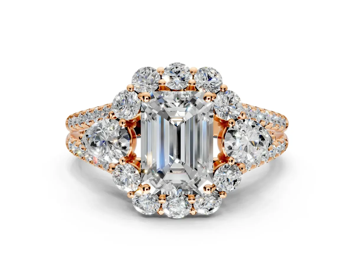 Halo Engagement Ring Setting for Emerald Cut Center with Two-Strand Split Shank and Prong Head in Rose Gold