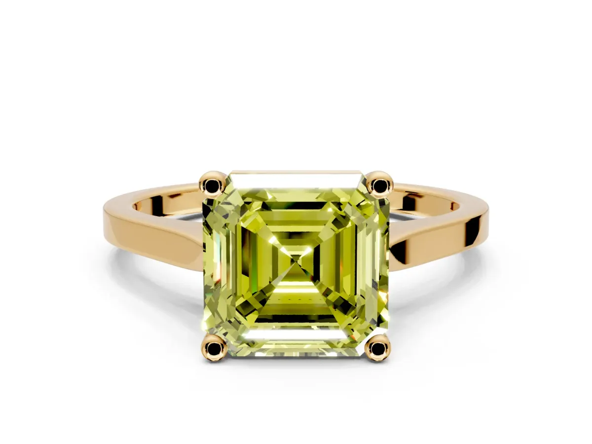 Solitaire Engagement Ring Setting for Fancy Yellow Asscher Cut Center with Tapered Shoulders and Prong Head in Yellow Gold