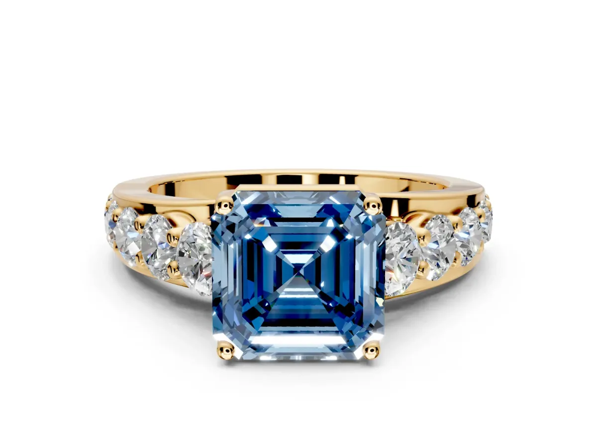 Solitaire Engagement Ring Setting for Fancy Blue Asscher Cut Center with Graduated Shared Prongs and Prong Head in Yellow Gold