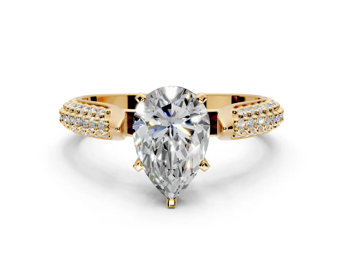 Solitaire Engagement Ring Setting for Pear-Shaped Center with Multi-Row Accents and Prong Head in Yellow Gold